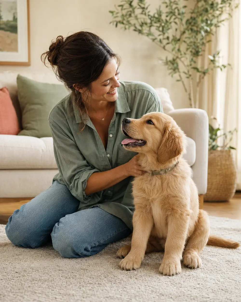 A puppy owner calmly practicing with a golden retriever puppy at home