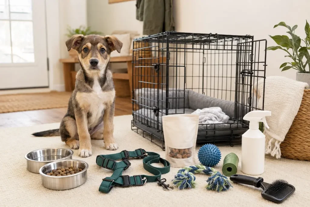 Essential puppy supplies including a crate, bowls, harness, treats, toys, grooming brush, and cleanup items.