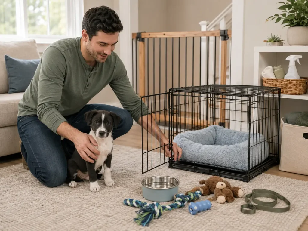 New puppy care guide showing a prepared first-day setup with a crate, water, toys, and baby gate.