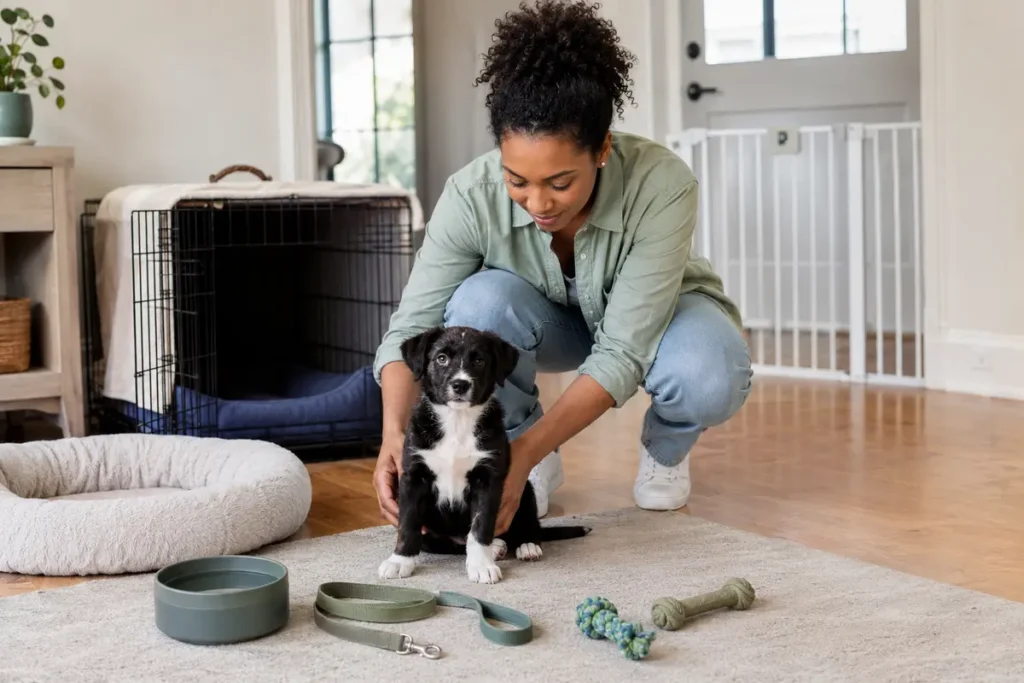 New puppy first weeks guide showing a prepared home area with a puppy owner, crate, gate, bed, water, leash, and toys.