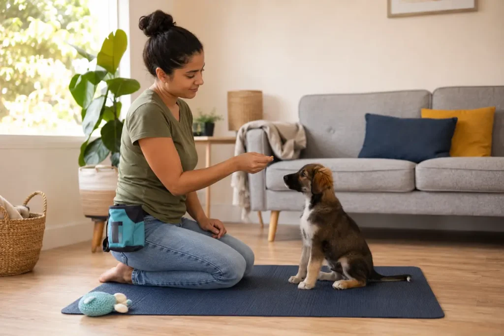Puppy training guides demonstrated with calm, reward-based sit practice at home.