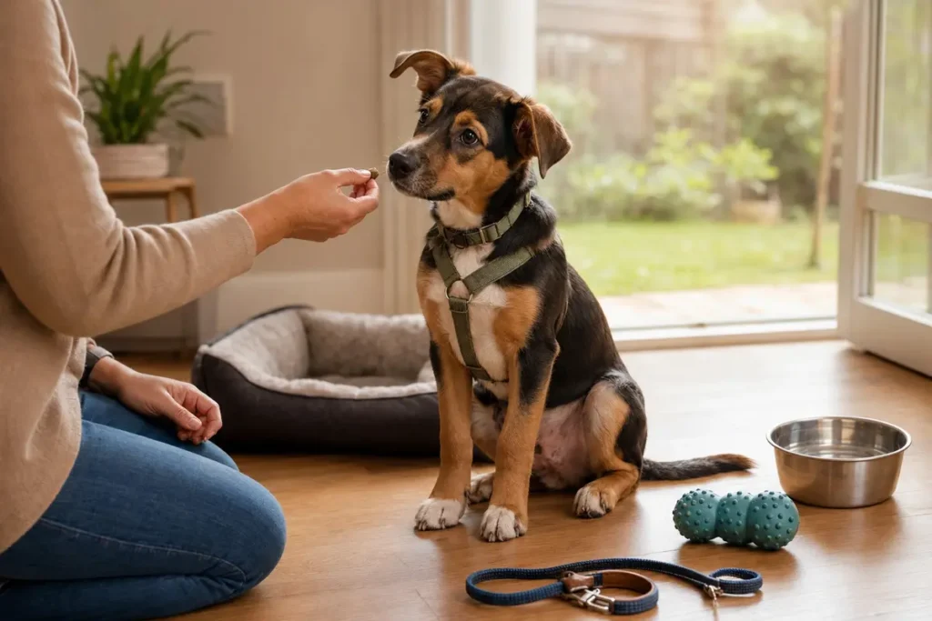 Puppy first year guide showing a young mixed-breed puppy practicing calm reward-based training at home.
