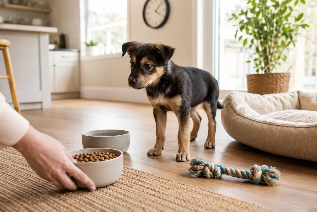 Puppy schedules by age shown through a calm routine with meals, water, play, and rest.