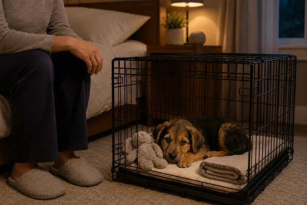 Puppy's first night at home in a safe bedside crate with a calm owner nearby.